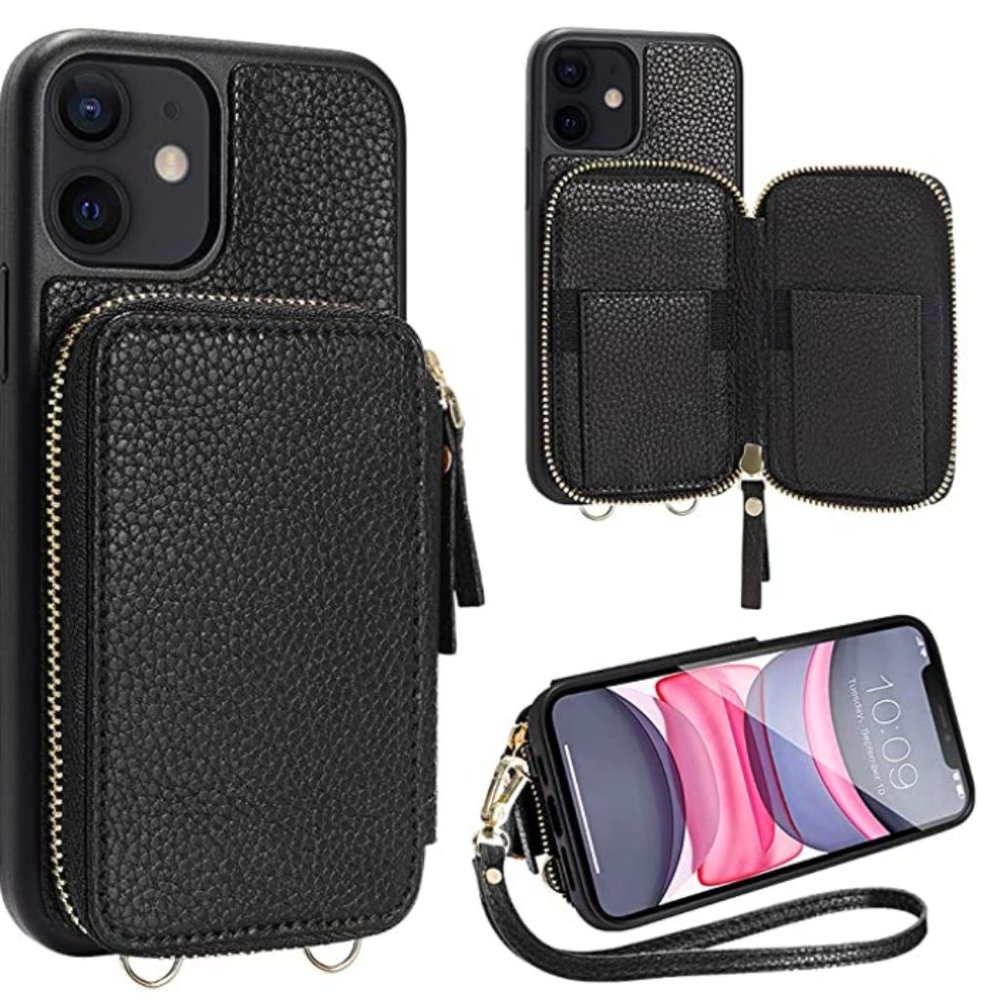 iPhone 11 Wallet Case with Zipper Wallet and Credit Card Holder. Black